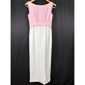 Vintage 60's Long Prom Dress Pink & White, Sleeveless, Bow, Slit, Floral Trim